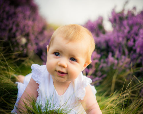 baby Liliana in heather at Padley Gorge, baby photographer Lake District