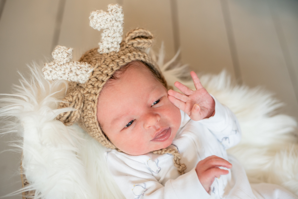Baby Liam in reindeer hat, baby photographs Aspatria