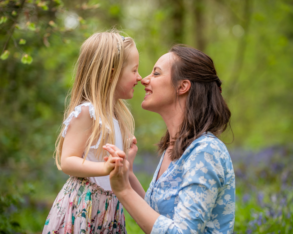 Mum and daughter touch noses, Ecclesall Woods, portraits Sheffield photographer