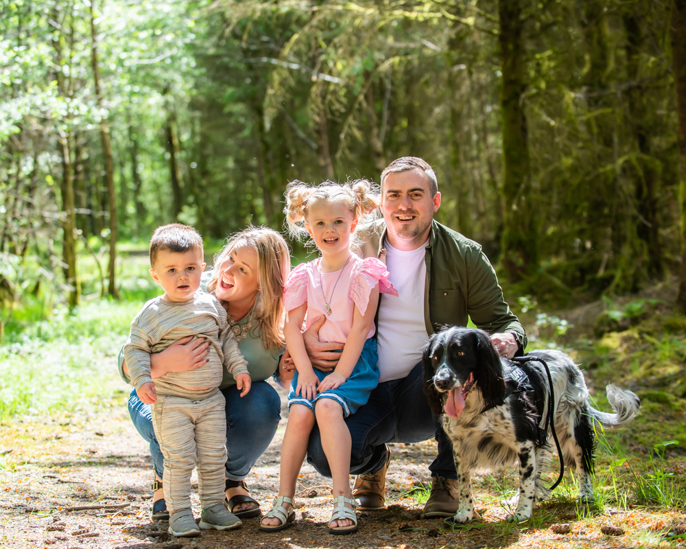 Family portrait plus dog in the woods, Keswick family portraits