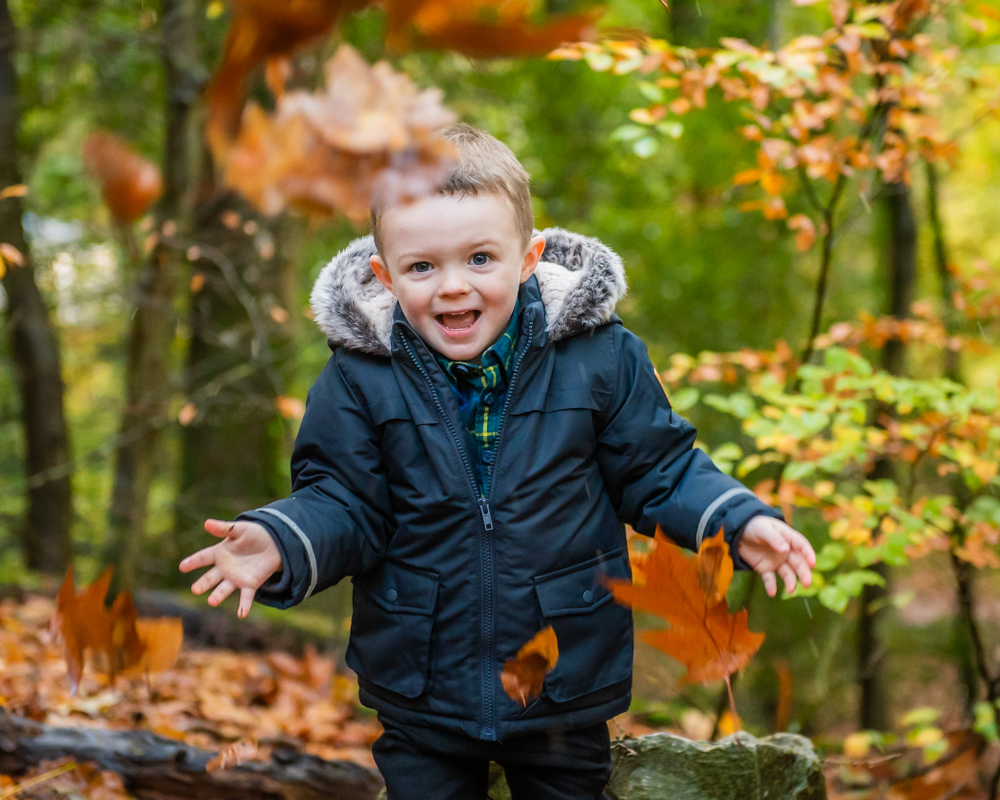 Boy throws leaves in woods, Lake District family photographers