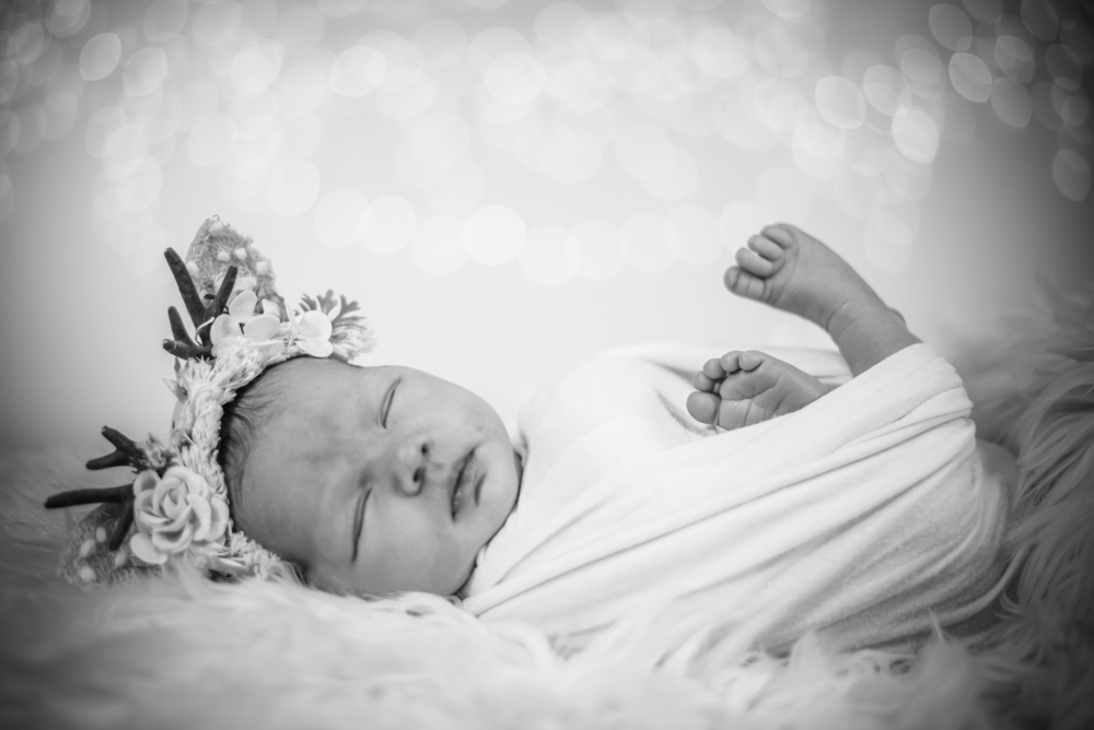 Baby Daisy in headband snuggled on blanket, newborn photographer's Keswick