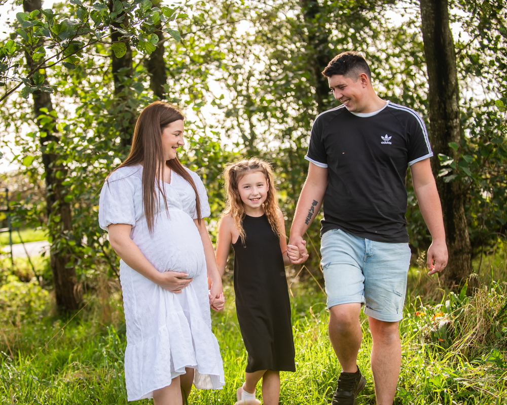 Jasmine and family walk in woods, maternity photography Wigton, Cumbria