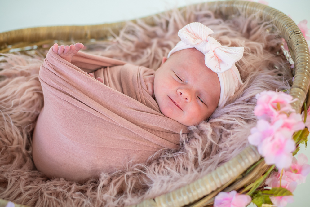 Baby wrapped in blanket in basket, newborn photographers Carlisle
